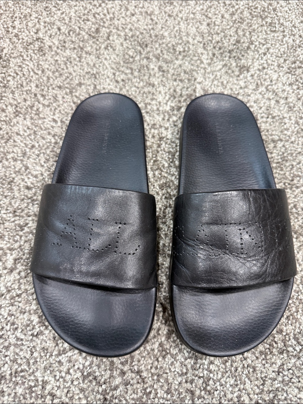 All Saints Black Perforated Logo Leather Slide Sandals - Picture 3 of 7